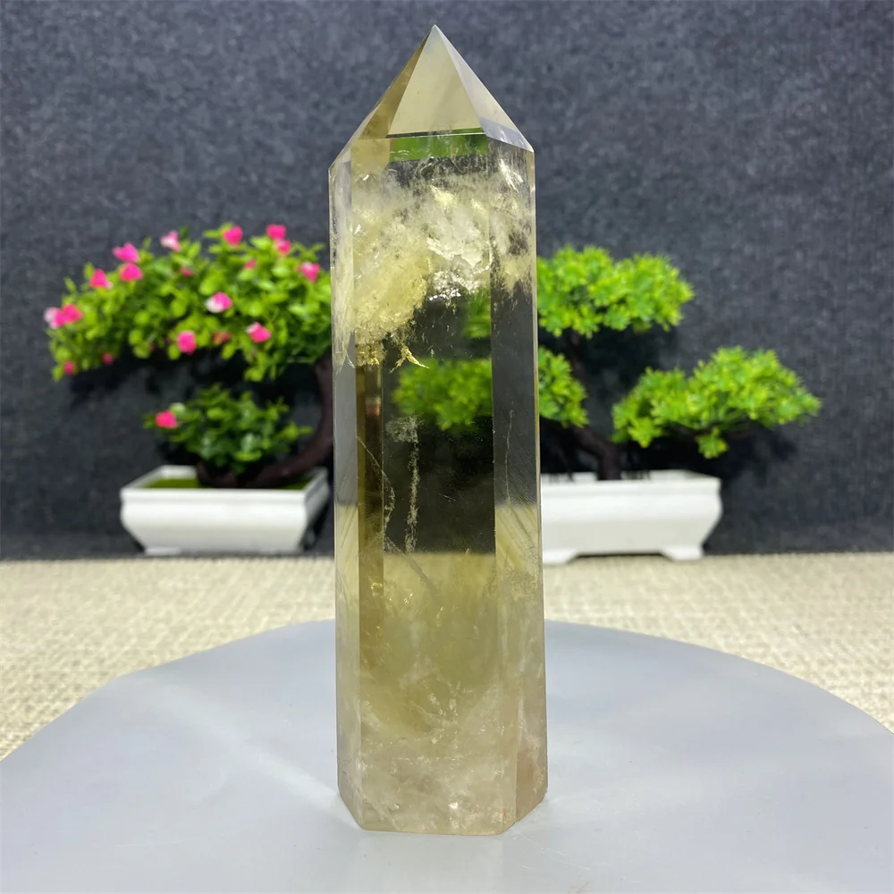 Natural Crystal Point Smoked Healing Obelisk Yellow Quartz Wand Beautiful Ornament for Home Decor Energy Stone Pyramid