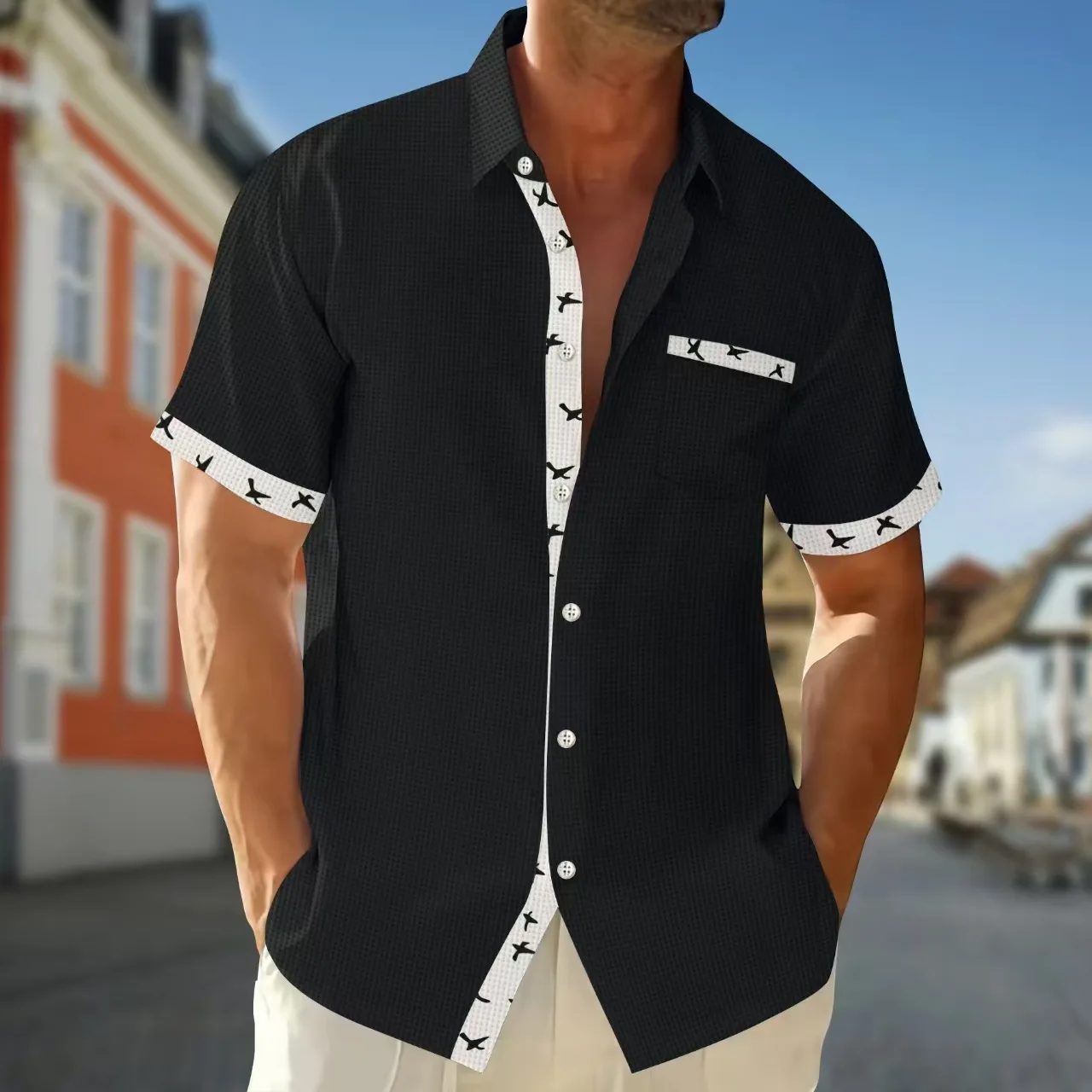 

2025 new men's summer trend Waffle Business Casual loose button pocket short short sleeve lapel hoodless shirt