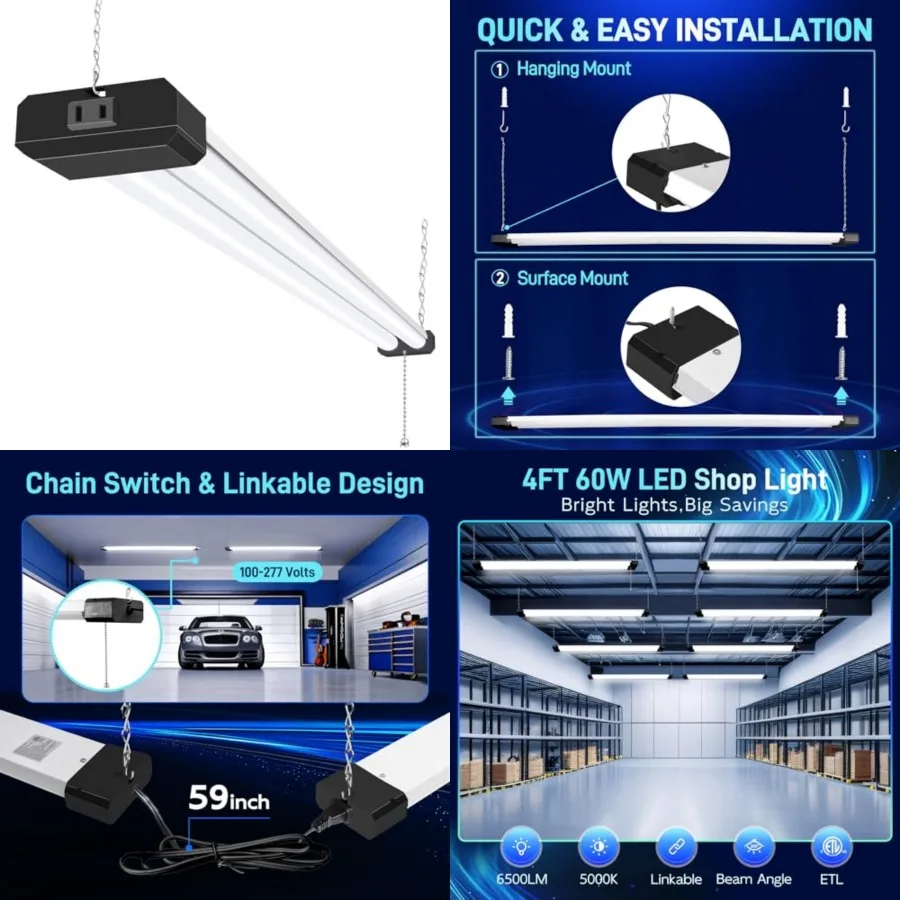 

1 Pack 4Feet Linkable LED Shop Light for Garage, 6500lm, 4Feet 60W Utility Light Fixture, 5000K Daylight LED Workbench Light wi