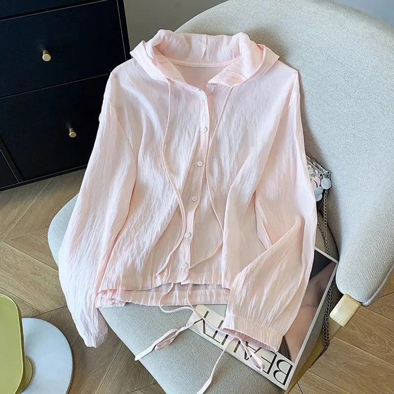 

Lightweight Breathable Outdoor Women's Cardigan Hooded irt Summer Air Conditioning Top Long Sve Collar Pure Color