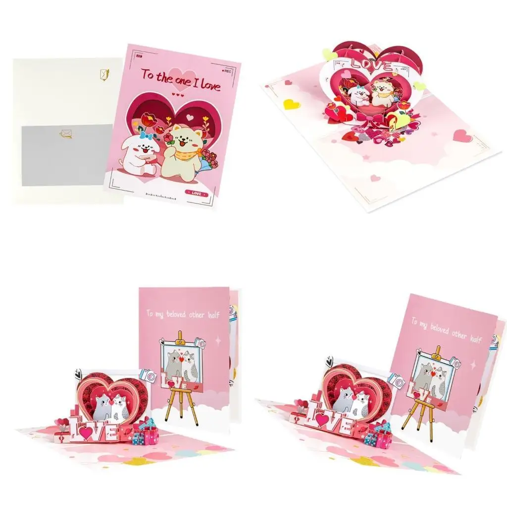 

E8BD Popup Picture Frame Animal Card Valentine's Day Blessing Card Handmade Greeting Card with Envelope Anniversary Gift