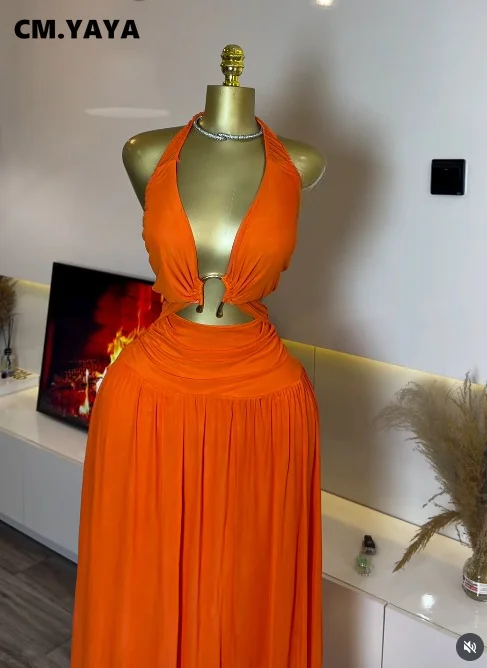 Robe longue maxi dos nu sans manches à col halter CMYAYA pour femme 2026 – Sexy, été, plage, soirée, anniversaire, vacances, Vestidos