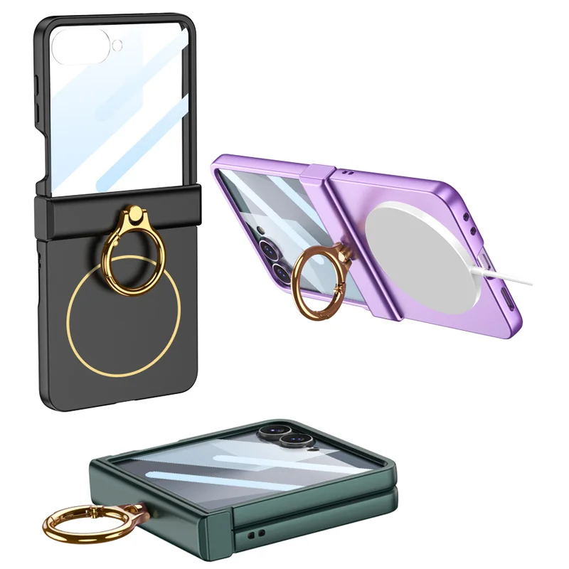 

For Samsung Galaxy Z Flip 7 Ring Stand Magnetic Phone Case Slim Matte Hinge Protection Holder Hard Shell Cover