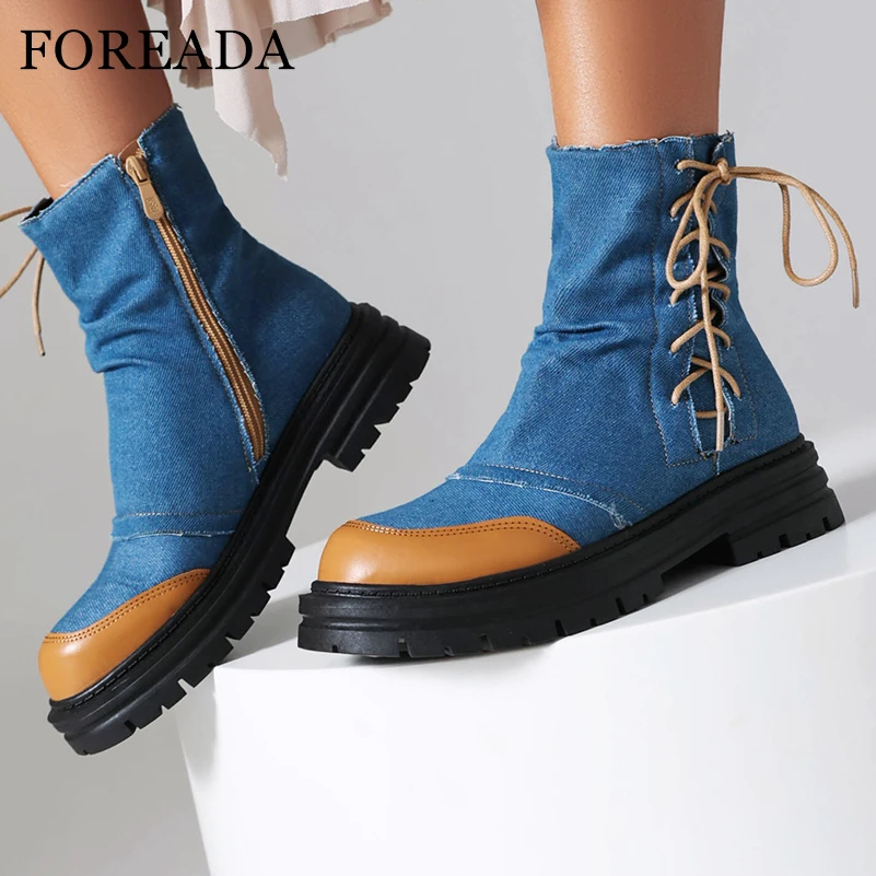 

FOREADA Women Ankle Boots Round Toe Platform Block Mid Heels Mixed Colors Lace-up Zipper Short Boots Lady Shoes Autumn Winter 43