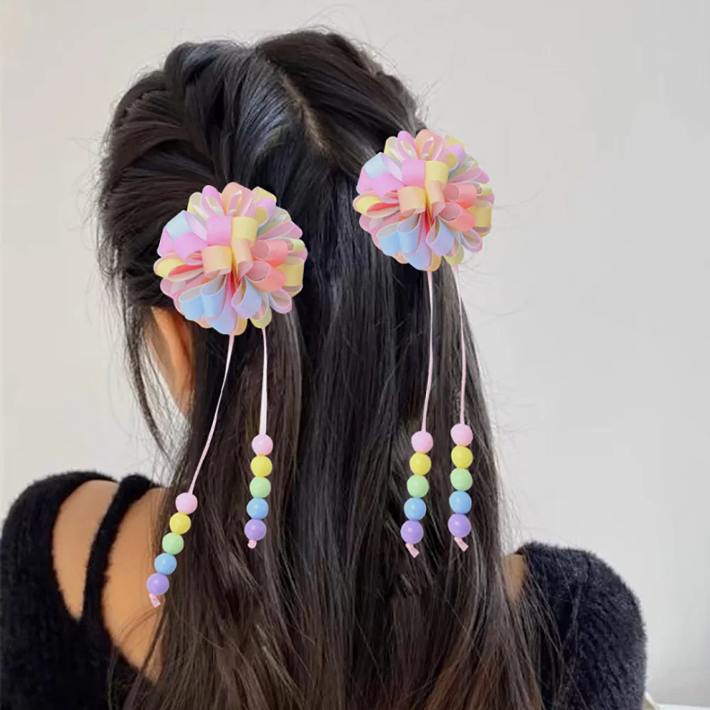 2Pcs Ribbon Hydrangea Hair Clips Long Tassels Beads Flower Hairpin For Girls Handmade Barrettes Headwear Kids Hair Accessories