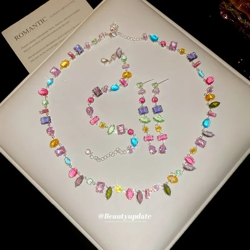 

2026 Zircon Color Square Geometric Necklace Bracelet Earrings Set Ins Niche Clavicle Chain Light Luxury High End Jewelry