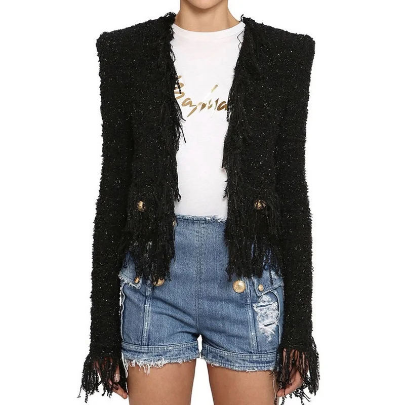 

2025 autumn new women's shiny coarse tweed fringe pocket button decoration cardigan y2k high-quality fashionable casual jacket