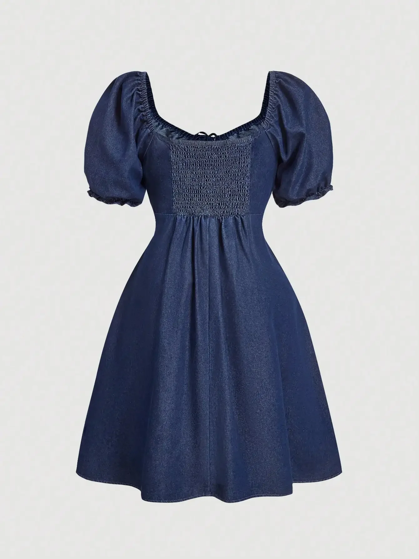 Denim Dress With Puff Sleeve And Shirring Square Neck Loose Fit Blue