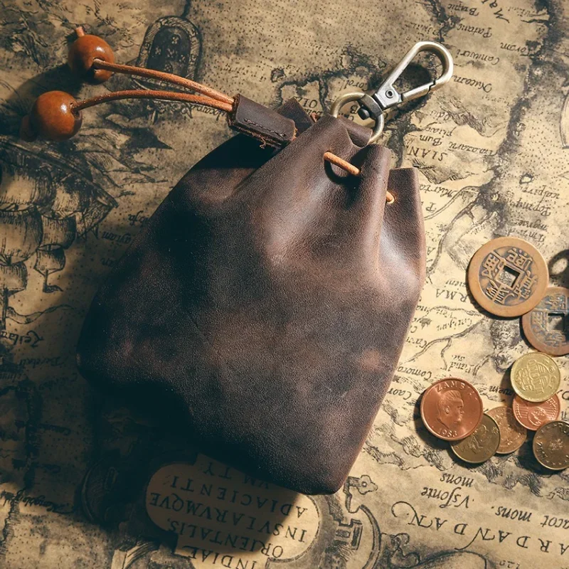 Handmade genuine leather coin purse cowhide key case crazy horse leather waist bag small hanging storage pouch for men women