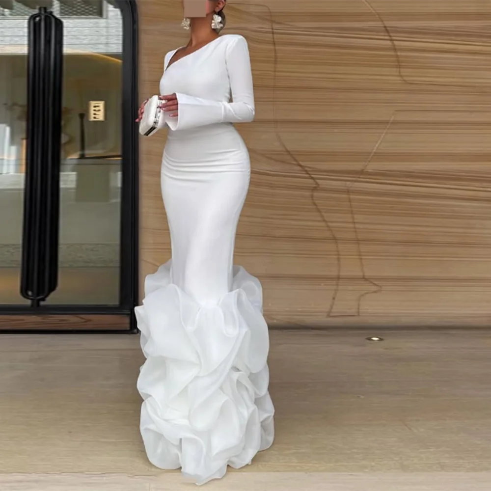 

Customized V-Neck Evening Dresses Full Sleeve Back Slit Long Ruched mermaid Prom Gown Modern White Floor-Length Party Dress
