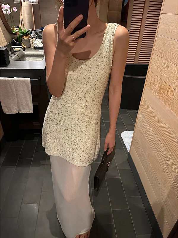 

Вязаный жилет средней длины с пайетками и U-образным вырезом, приталенный, с микро-пористым разрезом, комплект из двух предметов, летняя мода для женщин...