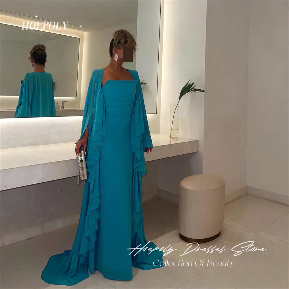 

Hoepoly Simple Pleat Square Neck Full Sleeve Evening Dress For Woman Summer Style Fashion Simple Classy Party Long Prom Gown New