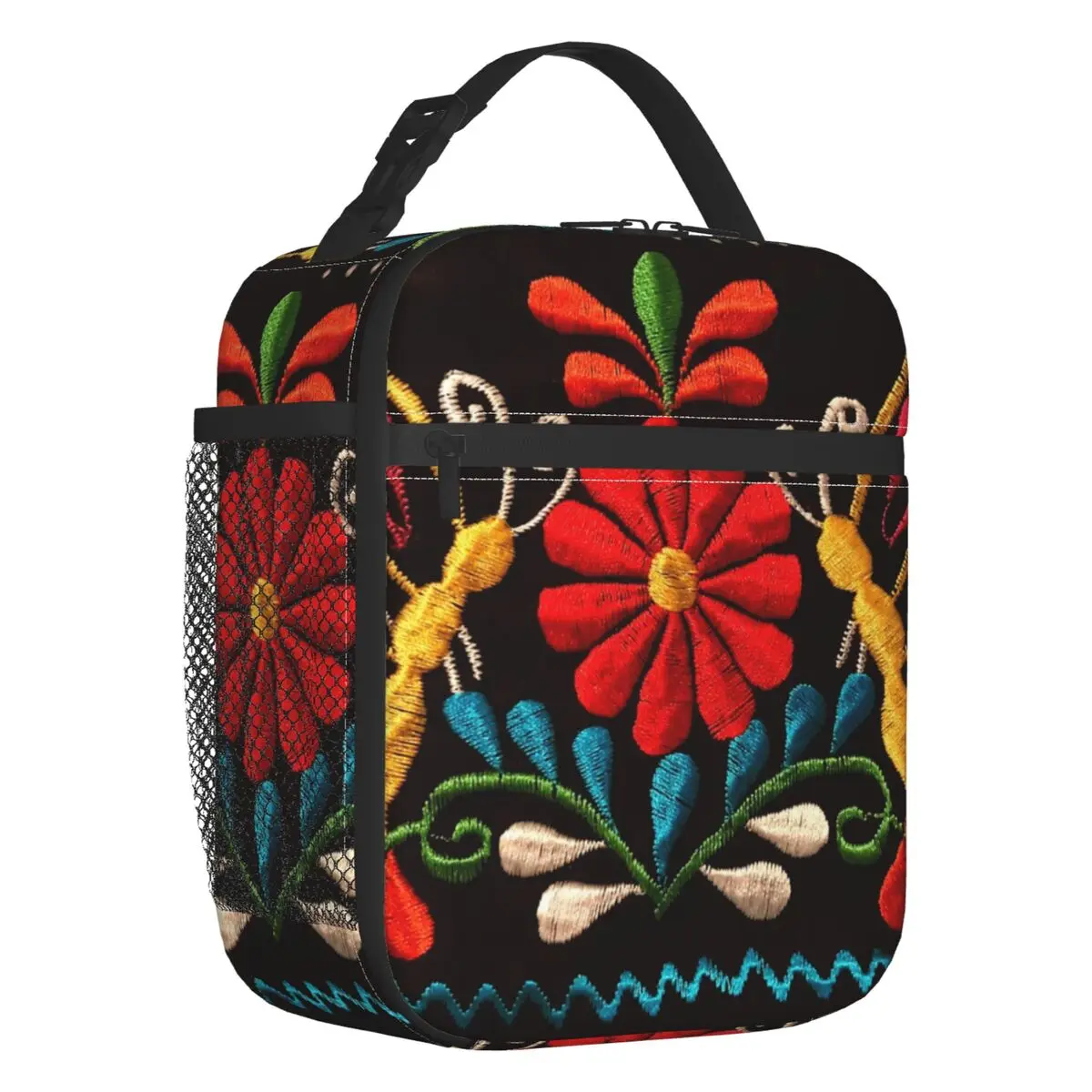 Bolsa de almuerzo con aislamiento de flores y mariposas mexicanas, Otomi, estampado 3D, patrón bordado, refrigerador, caja térmica Bento, oficina,