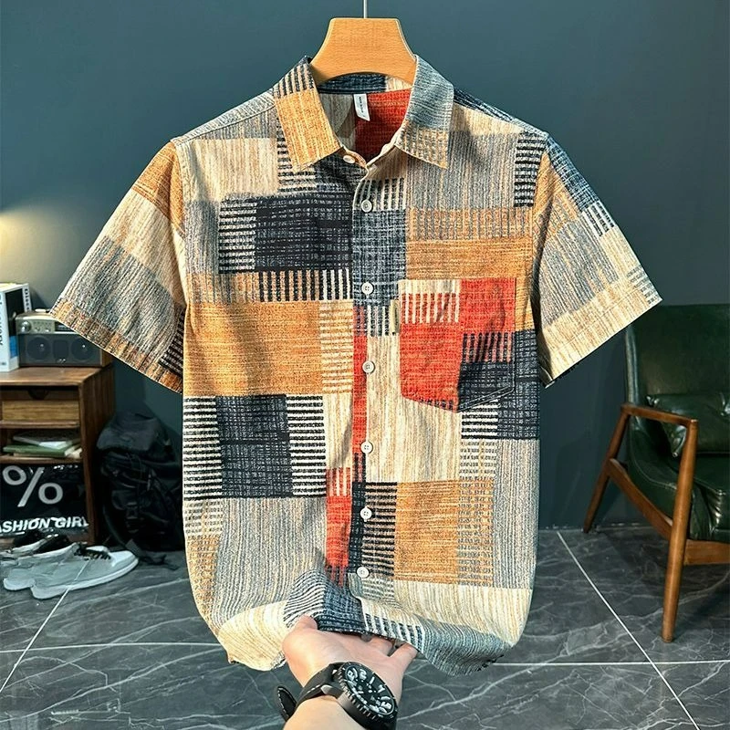 

2025 Casual Trendy High-end Versatile Loose Short-sleeved Shirt New Summer Men's Clothing Fashion Color-blocking Checkered Shirt