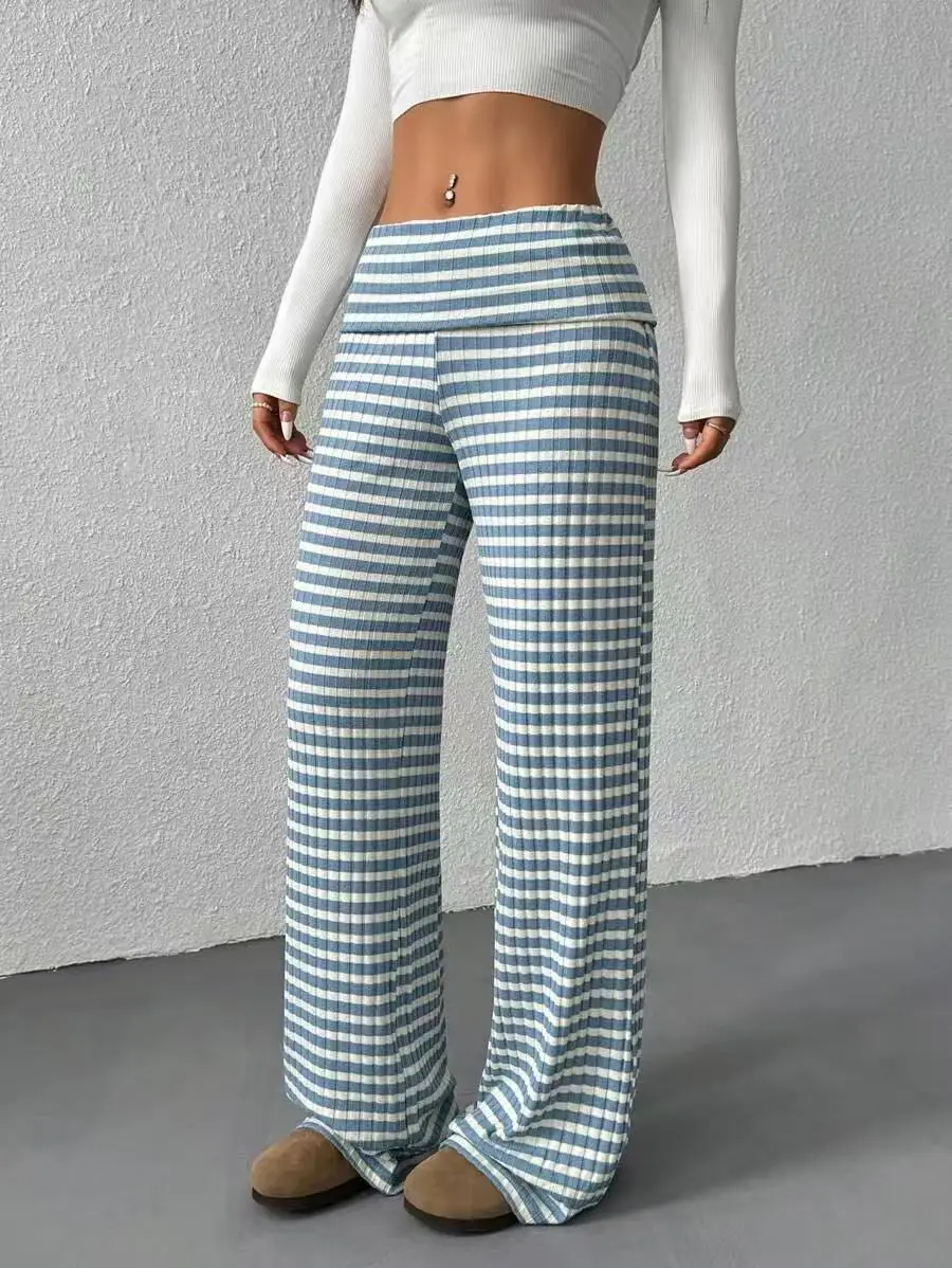 Y2K Striped Fold Over Wide Leg Pants Preppy Women Coquette Low Waist Loose Fit Trousers Female Casual Lounge Yoga Sweatpants