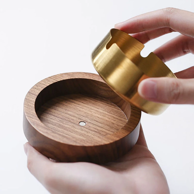 Ceniceros creativos con revestimiento de acero inoxidable, ceniceros de madera de nogal para interiores con tapa, Cenicero para cenizas con mosca, Cenicero para sala de estar