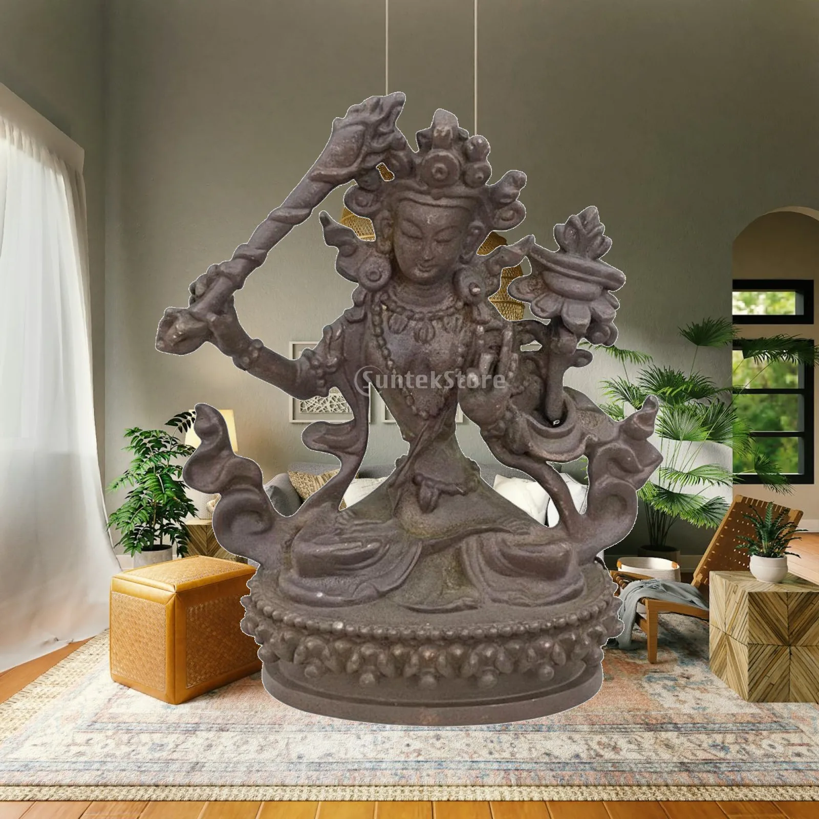 2 Pieces Divine Scholar Figure and Guanyin Figurines Intricate Details Green Patina Bodhisattva Statues Tibetan Bronze Statue