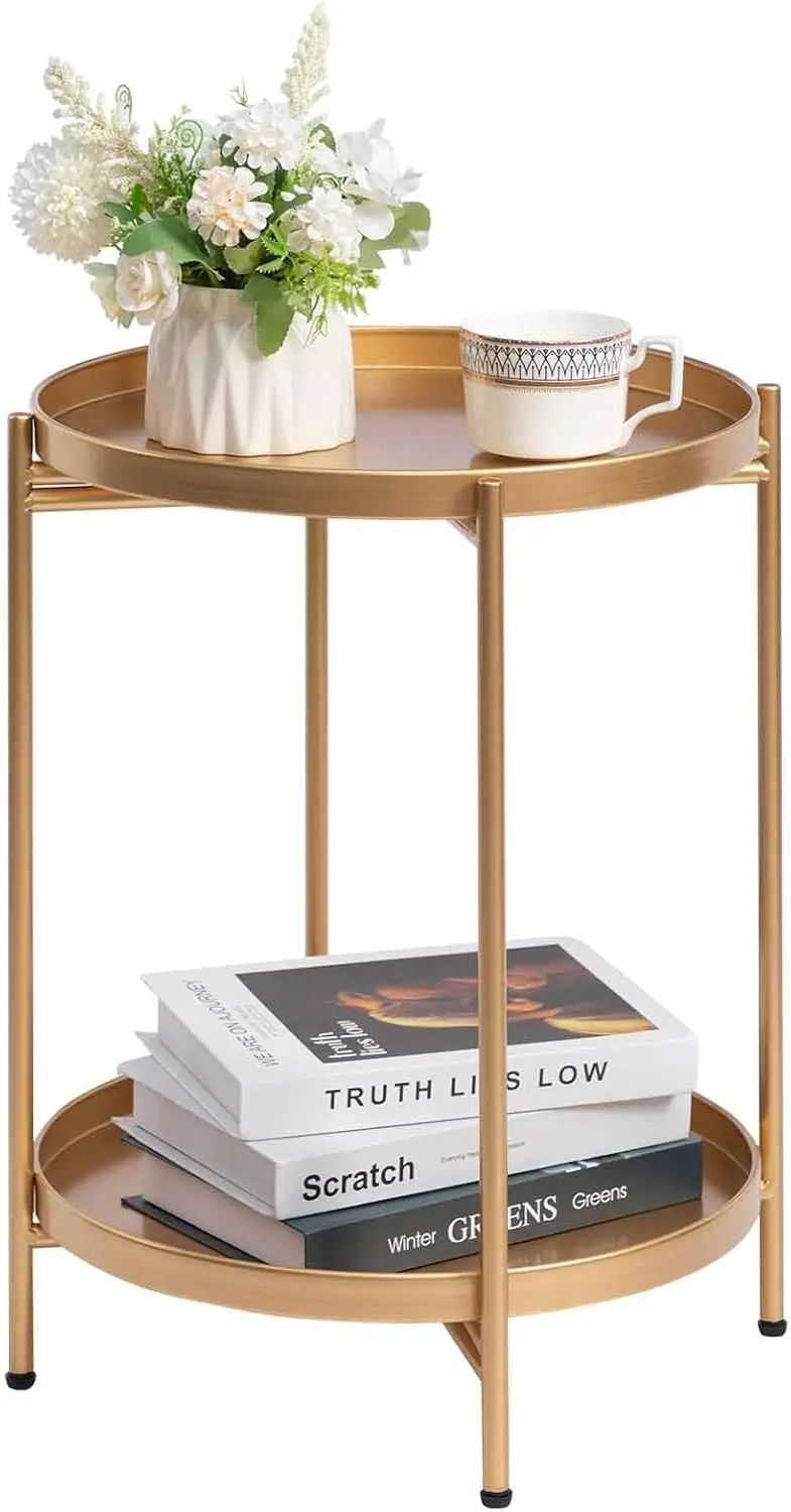 

2-Tier Round Gold Side Table, Outdoor Small Folding Accent Stand with Removable Tray, Anti-Rust Metal Asional Table for