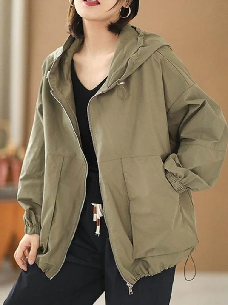 

Faionable Pure Color Long Sve ort Jaet с капюшоном Женская весенне-осенняя повседневная ветровка Ele Streetwear