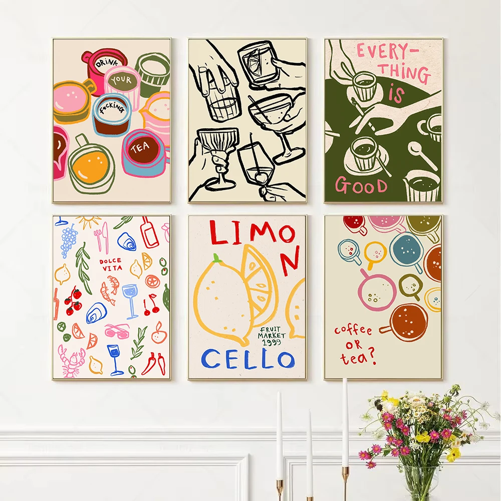 Aesthetic Retro Kitchen Limoncello Cheer Glasses Trendy Cocktail Drink Quotes Poster Canvas Painting Dining Room Home Decor