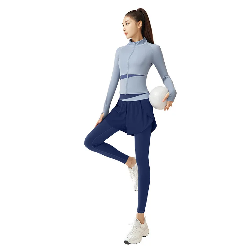 

Quick Dry Women Gym Yoga Fitness Sports Suit Long Sleeve Jacket+Fake Two-piece Legging Outdoor Workout Slim Elastic Tracksuit