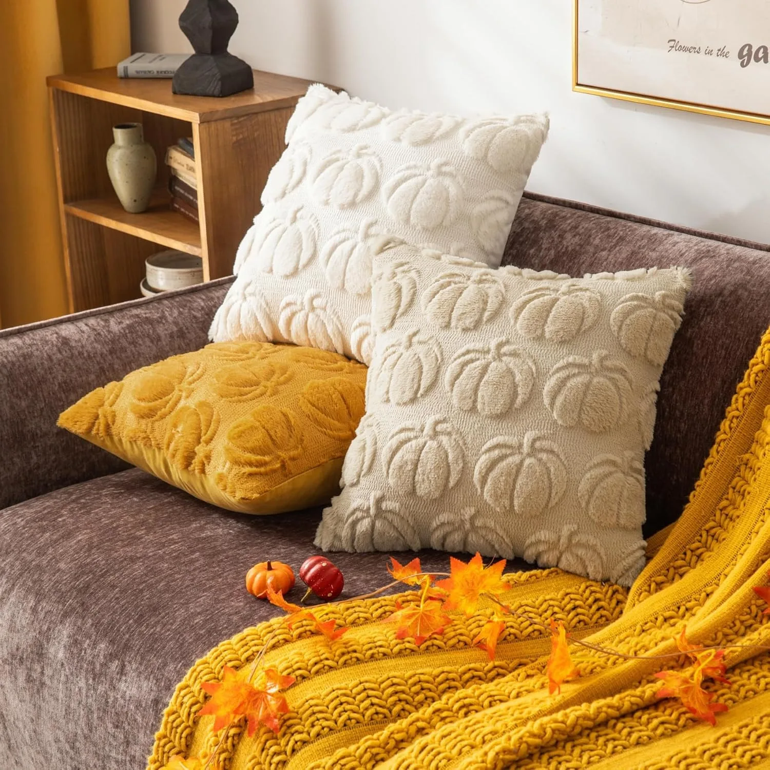 Beige Pumpkin Couch Pillow Covers Autumn Pillowcase Faux Wool Embroidery 18x18 Cushion Cover for Sofa Bed Home Decor Holiday