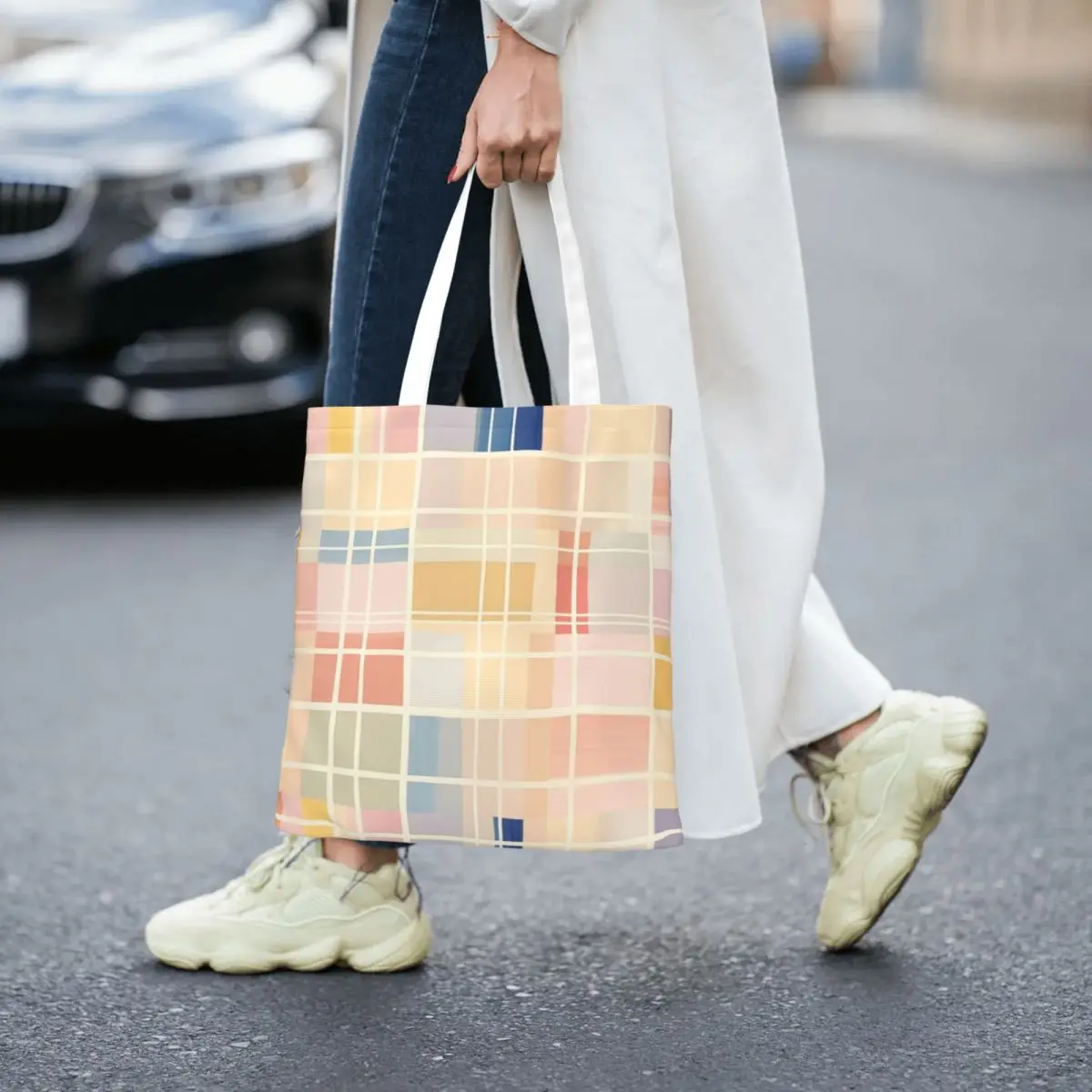 Pastel Checkered Pattern Striped Shopping Bags Foldable Canvas The Tote Bag Ladies Shoulder Tote Travel Handbag