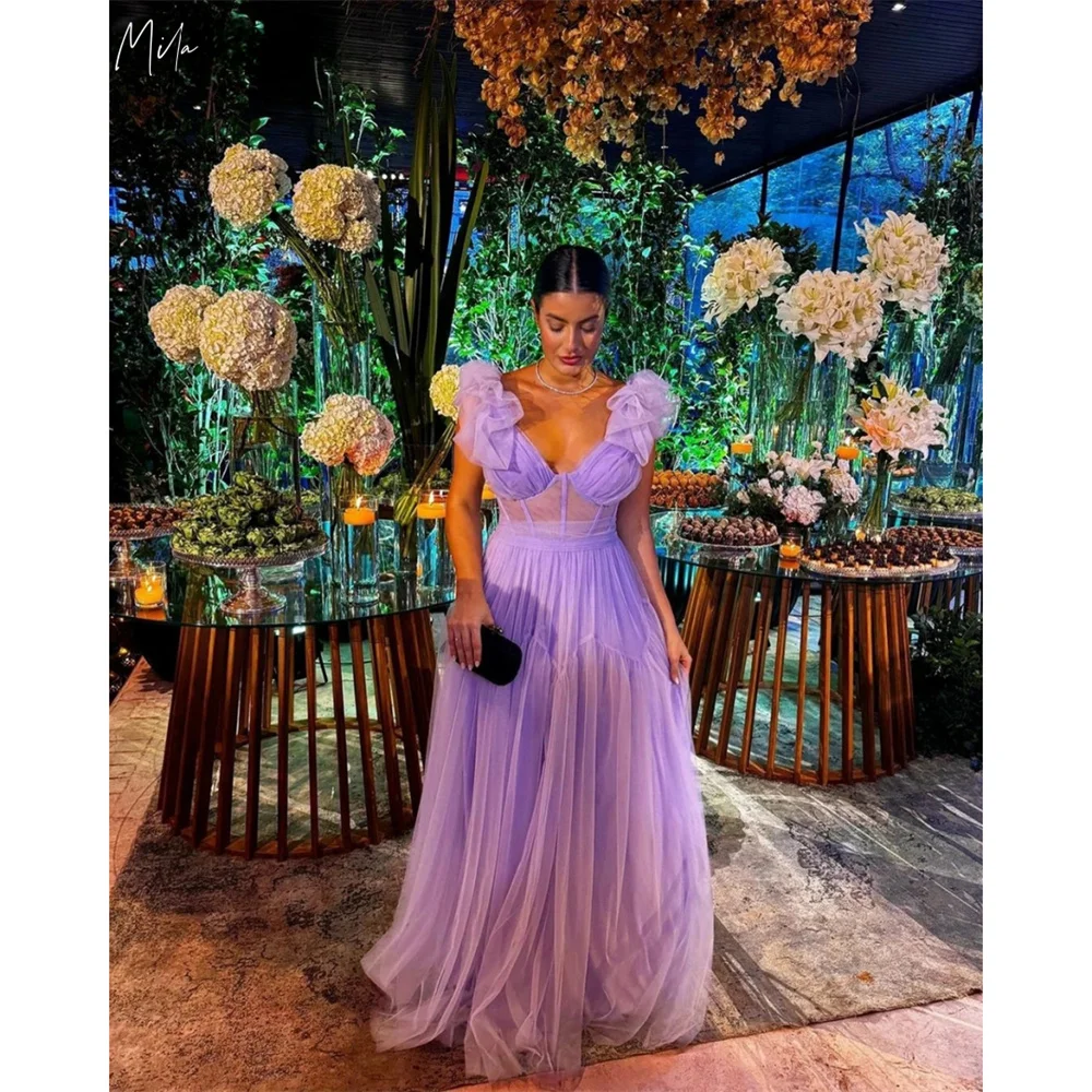 

Mila Purple V-Neck A-Line Tulle Prom Dresses Mesh Shoulder Strap فساتين سهرات Floor-Length Customized Plus Size Wedding Dresses