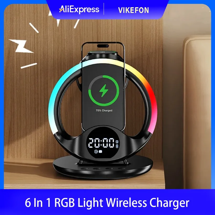 

Foldable 6- in-1 RGB Wireless Charger Alarm Clock for iPhone 17~12 Samsung Apple & Galaxy Watch Airpods Buds Pro3 Fast Charging