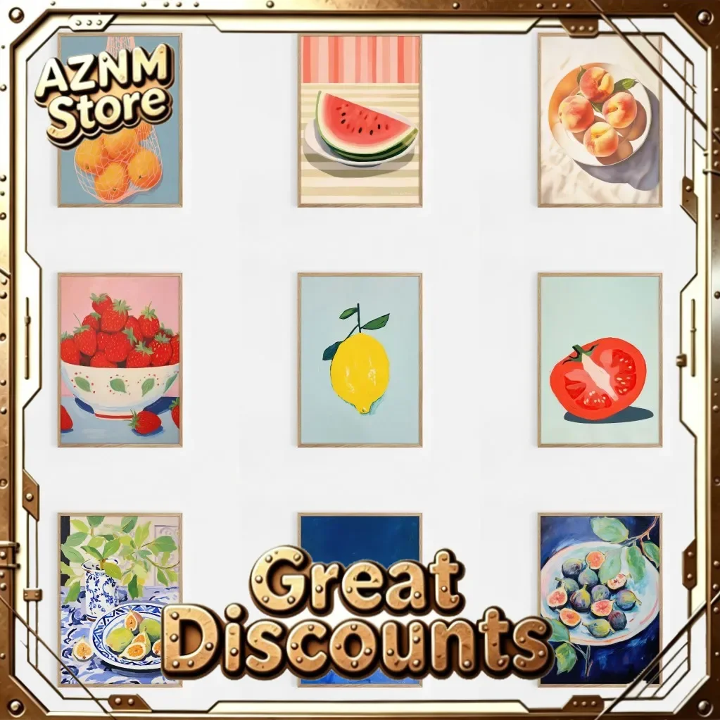 Maximalist Modern Abstract Fruit Wall Art Print Orange Peaches Strawberry Watermelon Tomato Lemon Fig Canvas Poster Home Deco