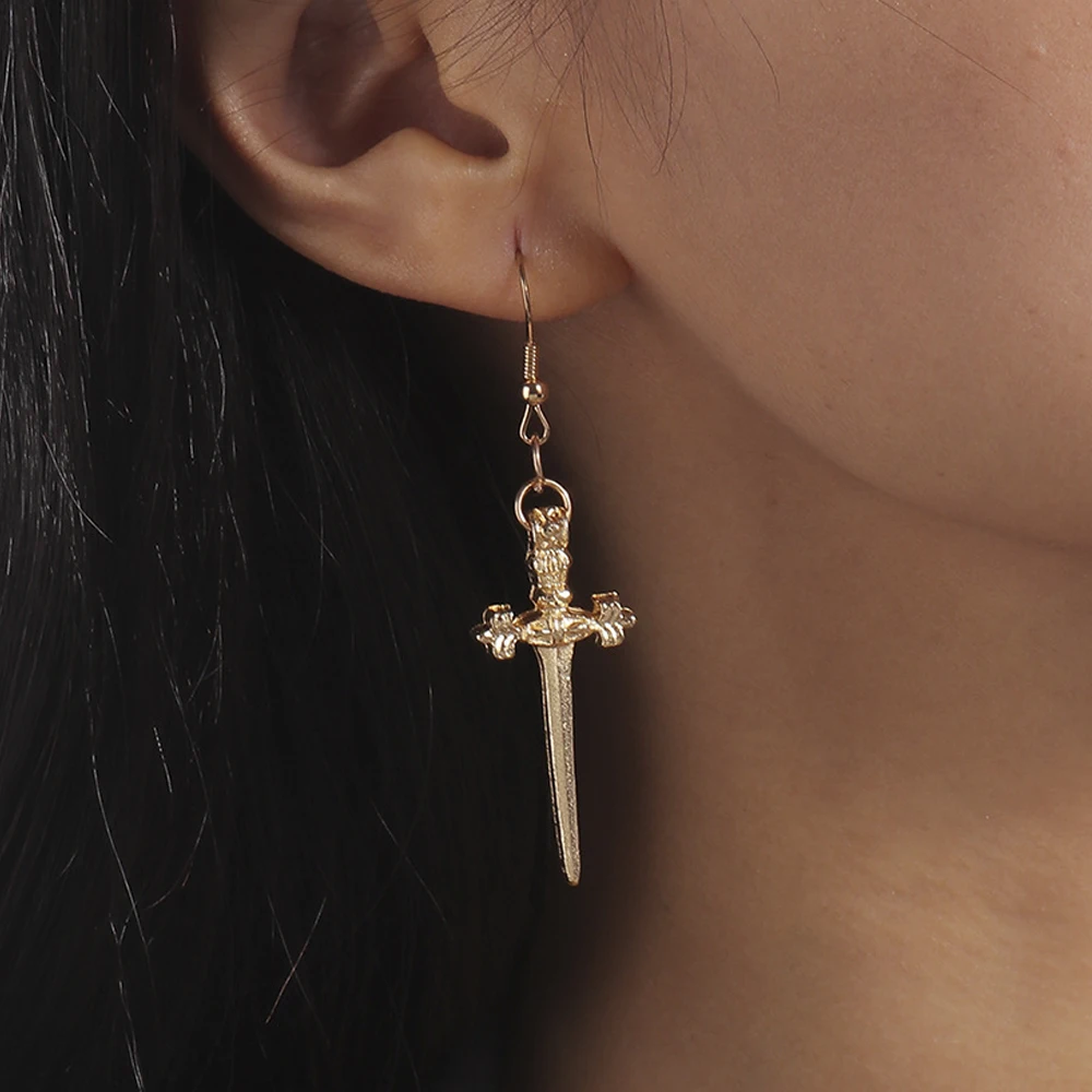 Aihua Gothic Vintage Schwert-Ohrringe für Damen und Herren, modischer Punk-Rock-Party-Schmuck, Geschenk, Fantasy-Kreuz-Ohrringe – Detail 3