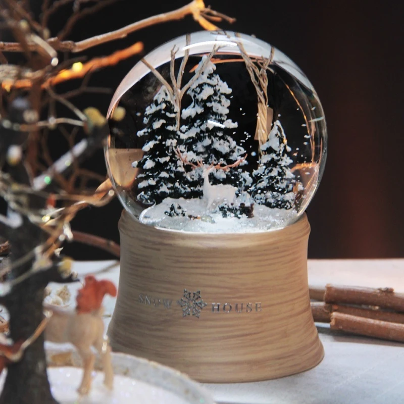 Snowflake Crystal Ball Music Box Christmas Gift For Men And Women Floating Snow Scene Lamp Deer Eight-tone Box Birthday Present