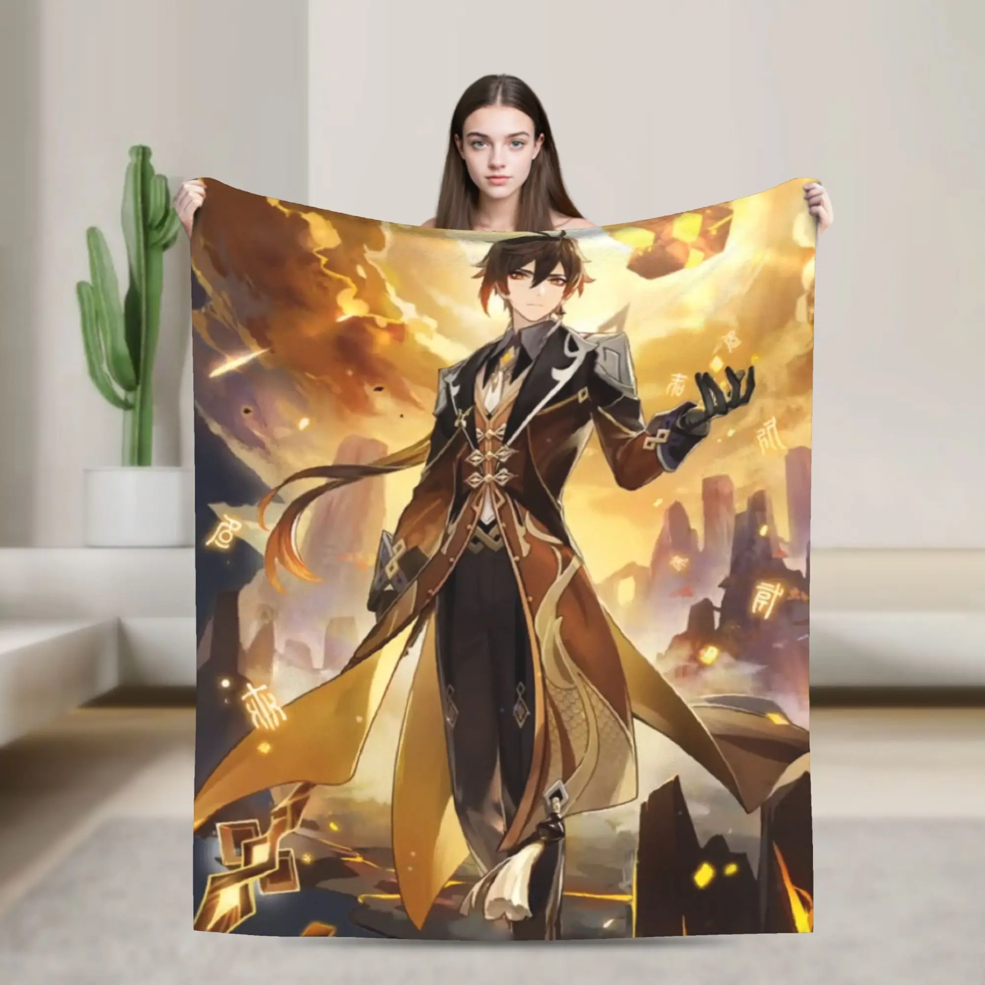 Zhongli Genshin Impact Blanket Fleece Textile Decor Fantasy  Multifunction Lightweight Throw Blanket for Sofa Bedroom Bedspread