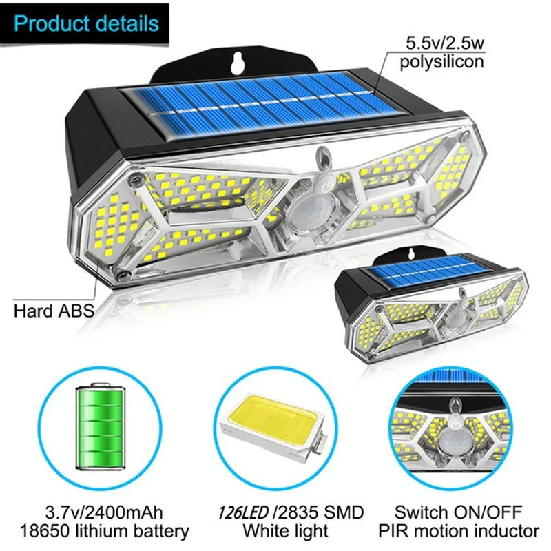 Imagem -05 - Luz de Rua Solar Pir Sensor Movido a Movimento Lâmpada de Parede Pode Ser Escurecido Luzes ao ar Livre à Prova Impermeável Água com Modo para Jardim 168 126 100led