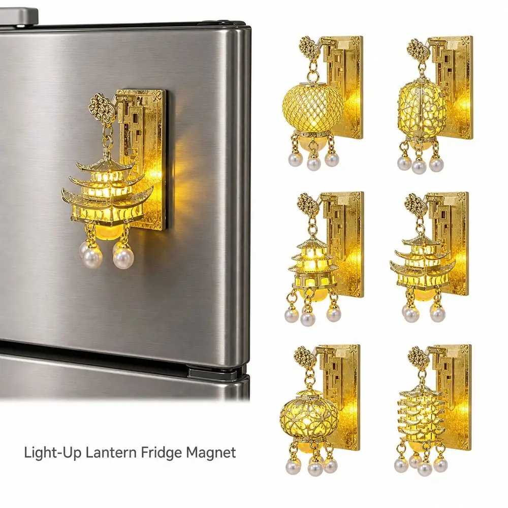 Light Up Lantern Fridge Magnet New Chinese Style Palace Style Pavilion Fridge Magnet Tassel Pendant Pearl Embellishment