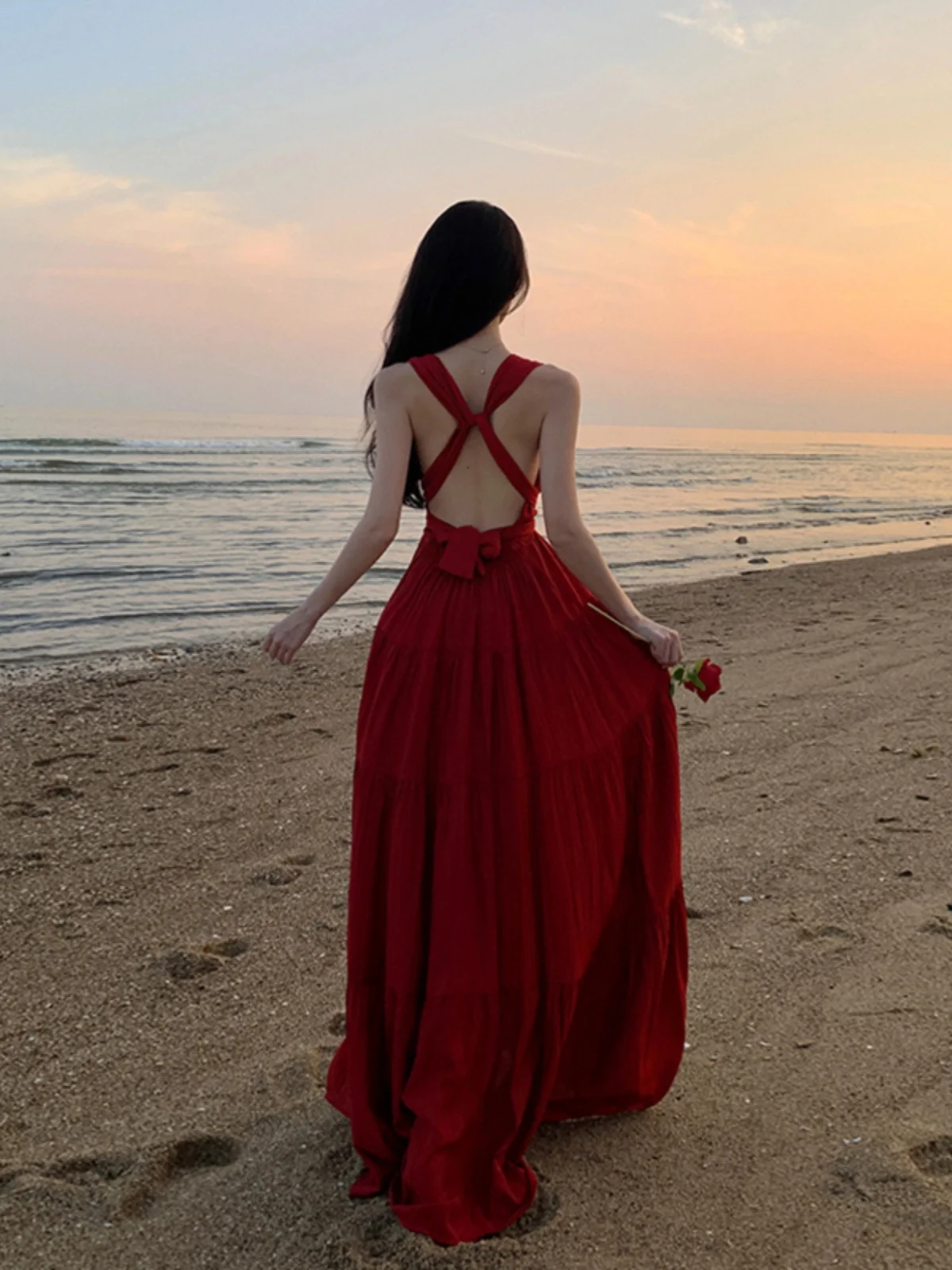 Red Backless V-neck Big Hemline Dress New Slimming Thailand Sanya Seaside Vacation Beach Long dress Atmosphere