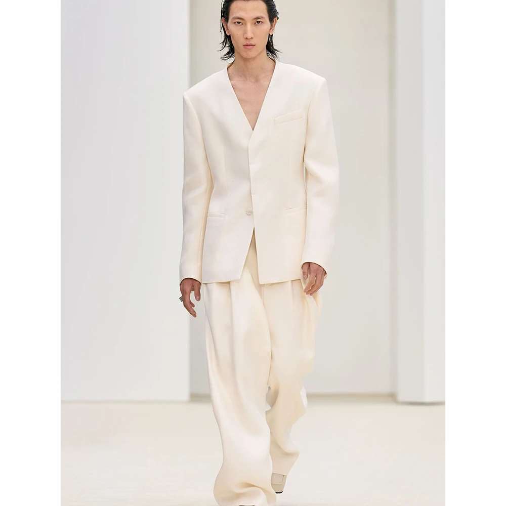 

Collarless Beige Men's Single-Breasted Suit 2 Piece Jacket Pant Set Loose Fit Daily Office Party Date Male Clothing Outfit