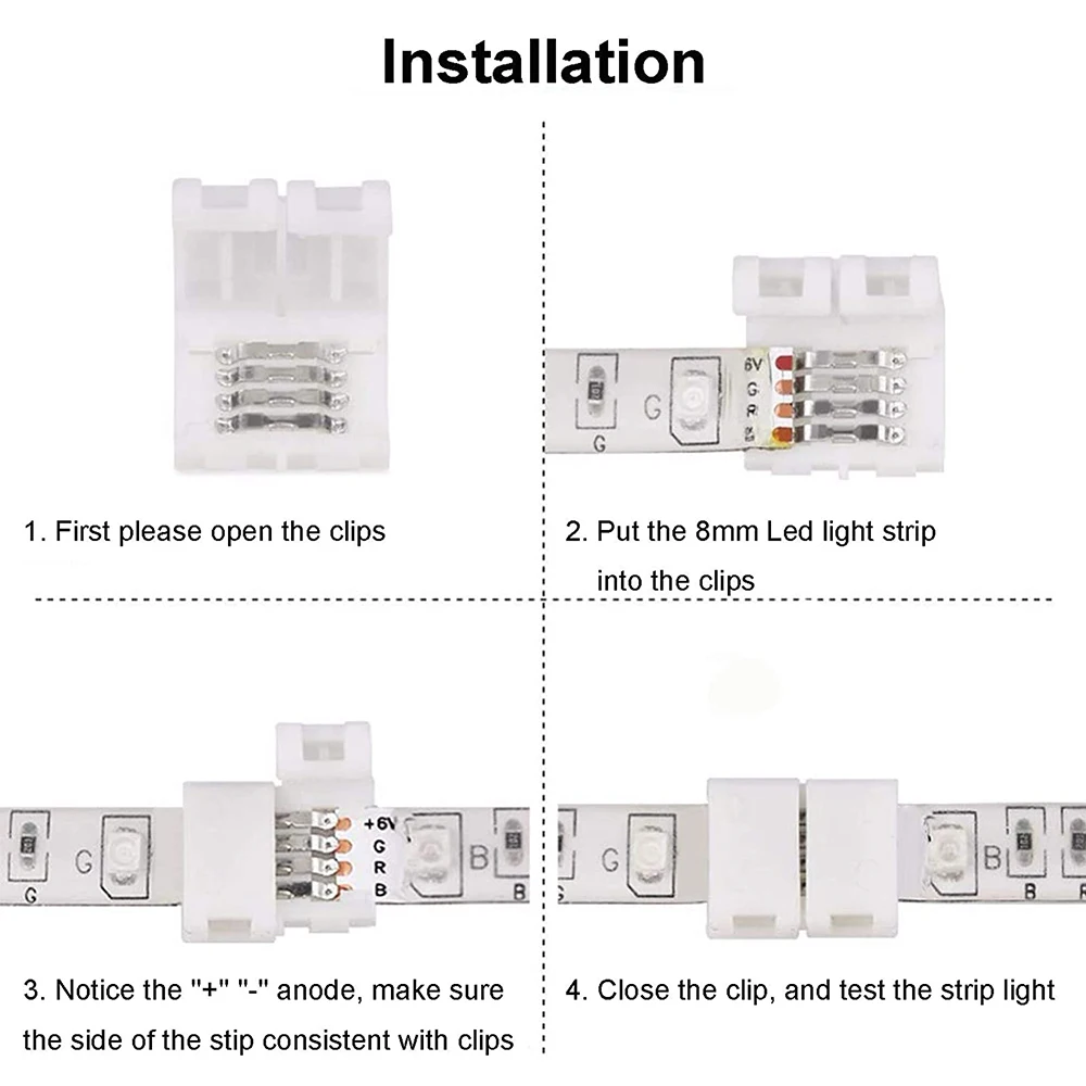 5 pz 4pin 8mm connettore Led a forma di L 8mm 4pin RGB 3528 2835 strisce Led angolo angolo connettori filo installare adattatore