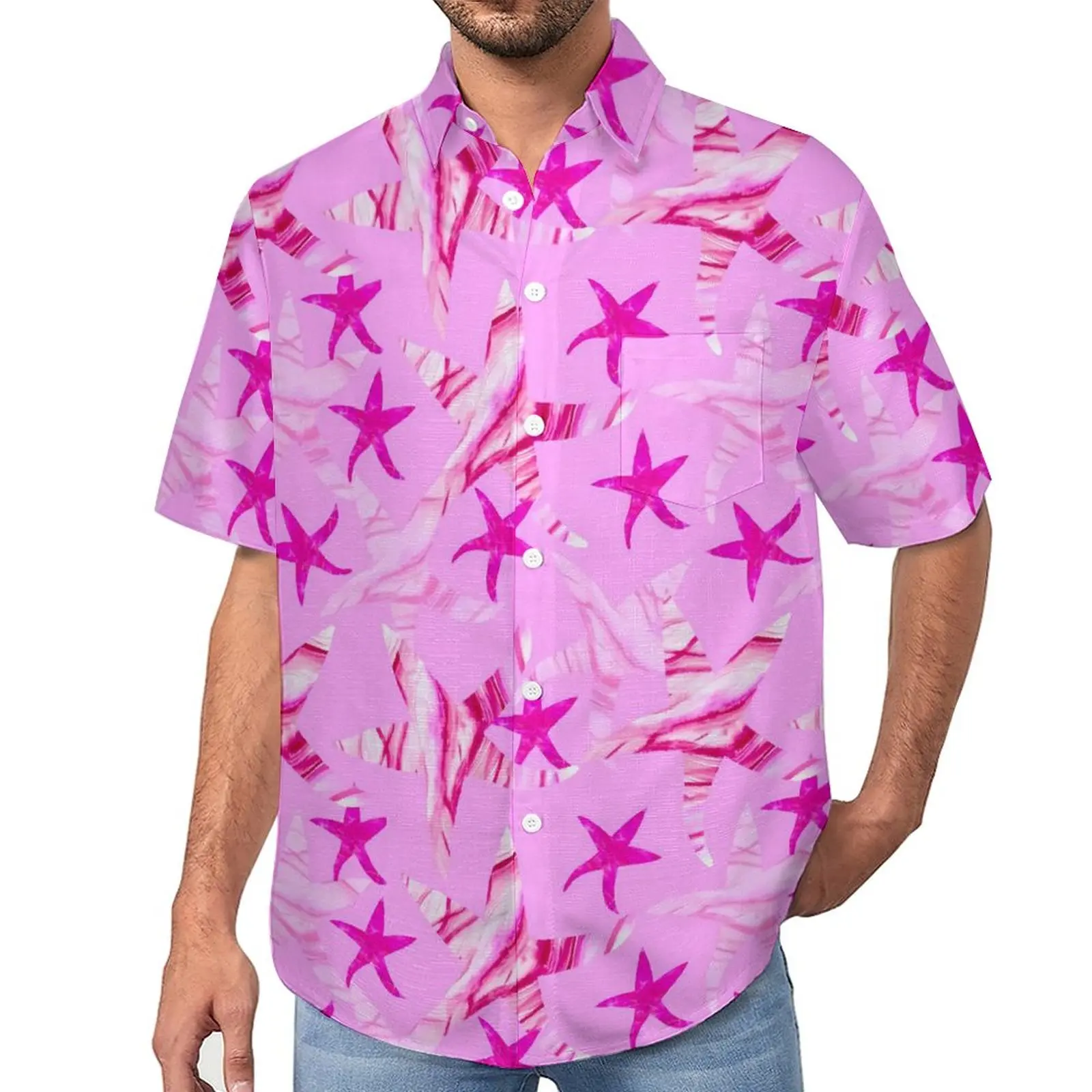 

Pink Starfish Casual Shirts Wave-silhouette Vacation Shirt Hawaiian Trending Blouses Mens Custom Big Size