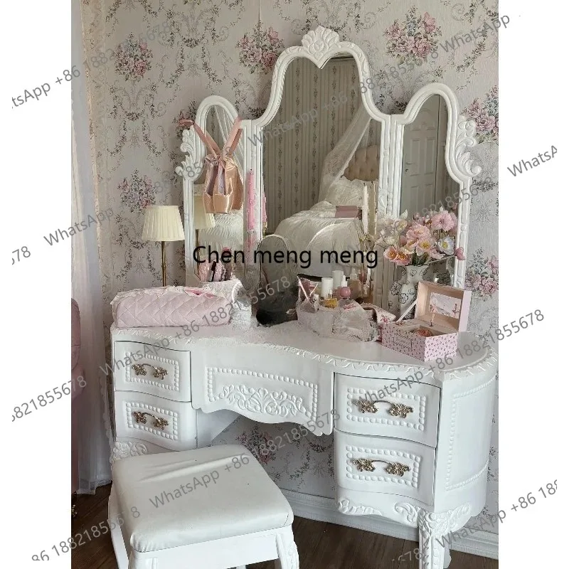 F150 French retro solid wood carved dressing table Nordic bedroom girly white dressing table