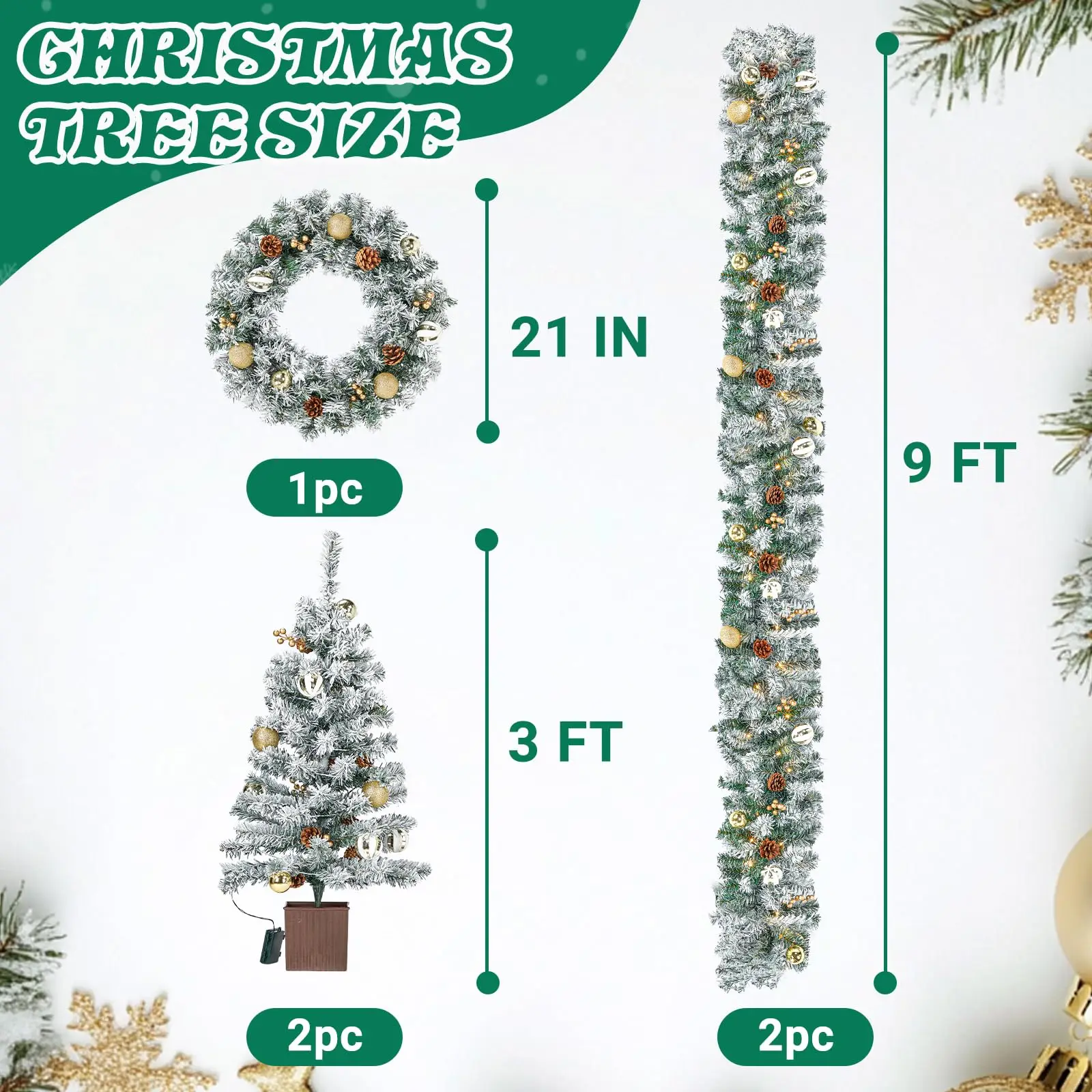 Christmas Garland Decoration Set, Holiday Christmas 4-Piece Set, Christmas Garland, Wreath and Set of 2 Entrance Trees