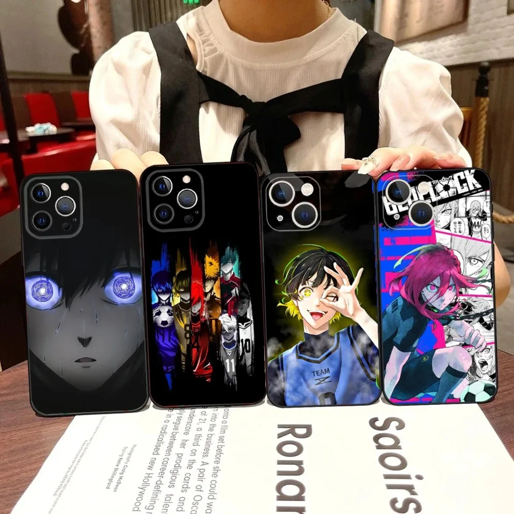 Anime Blue L-Lock Phone Case For iPhone 16,15,14,13,12,11,Pro,X,XS,Max,XR,Plus,Mini Black Soft Silicone Case