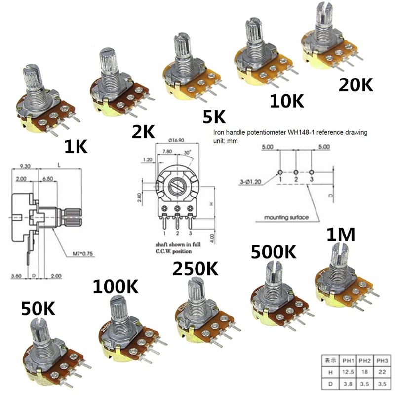 WH148 Linear Potentiometer 15mm Shaft With Nuts And Washers 3pin WH148 B1K B2K B5K B10K B20K B50K B100K B250K B500K B1M