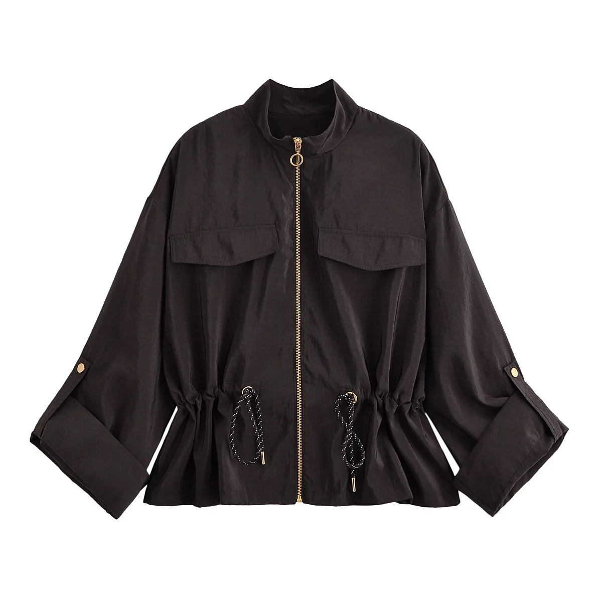 

женская укороченная куртка на шнурке с воротником-стойкой на молнии, простая плиссированная однотонная верхняя одежда с закатанными рукавами, пальто ранней осени