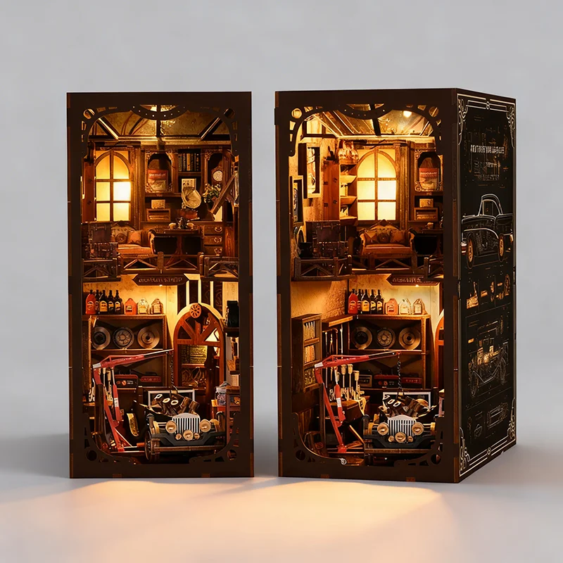 Vintage Garage Book Nook Kit with LED Light Wooden DIY Assembly Retro Industrial Style Gift for Car Enthusiasts Home Decor