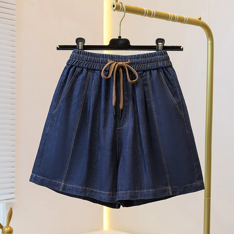 

Large Size Women Denim Shorts Drawstring Elastic Waist Wide Leg Loose Short Pants Summer Casual Thin Shorts