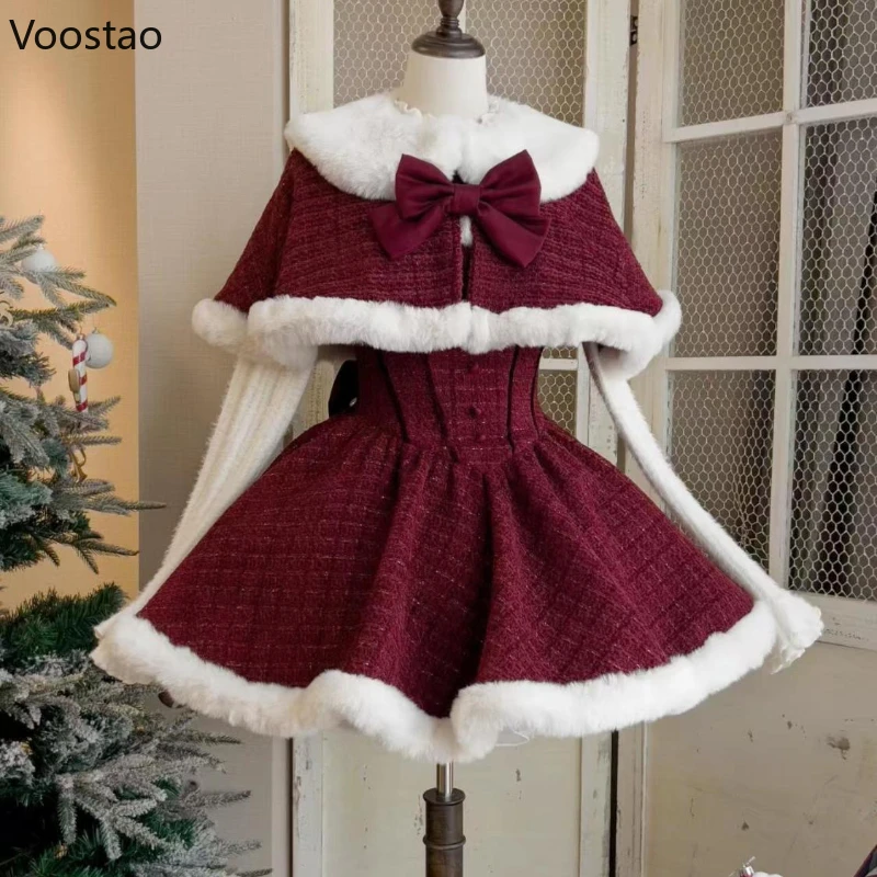 Japanese Sweet Lolita Dress Set Women Kawaii Bow Plush Shawl Short Jackets Party Mini Dress Suit Christmas New Year 3 Piece Set