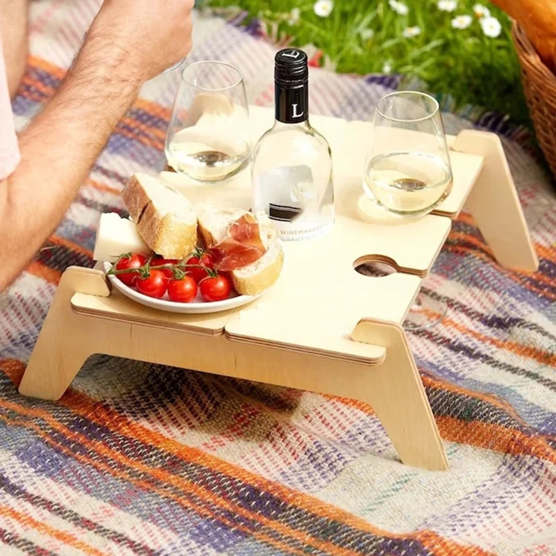 Wooden Folding Picnic Table With Glass Holder Round Foldable Desk Wine Glass Rack Table Snack Tray For Partys