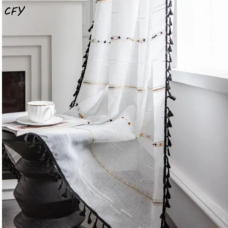 Nordic Style Linen Fabric Black Tassel Window Curtain Semi-shading Drapes for Living Room Bedroom Kitchen Door Drapes