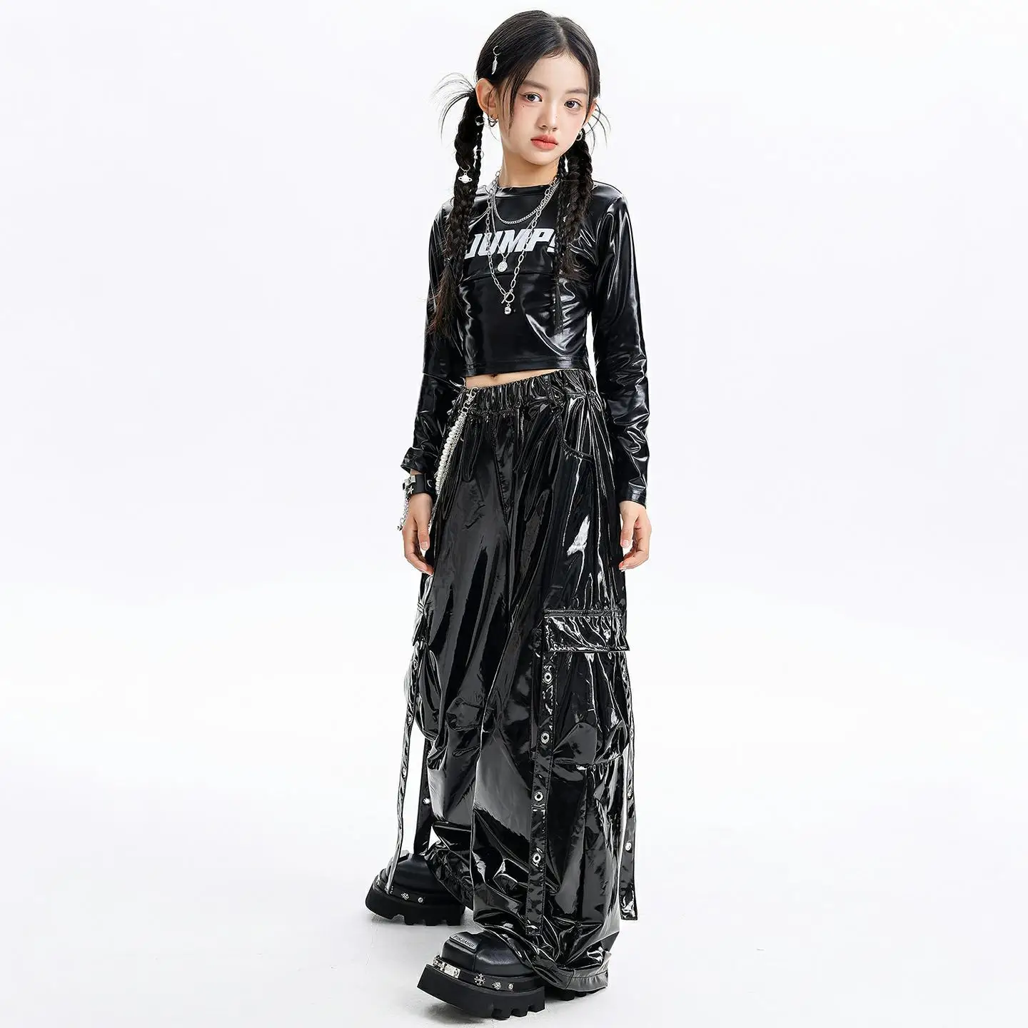 Vêtements Hip Hop Kpop pour enfants, t-shirt court métallique noir à manches longues, en Faux cuir, sangle décontractée, pantalon Cargo pour Costumes de danse pour filles